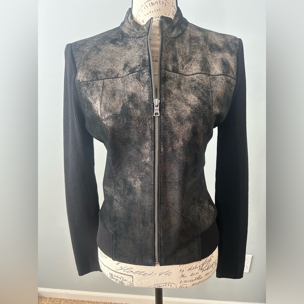 Like, Love Black and Metallic Leather/Sweater Jacket zip up LARGE